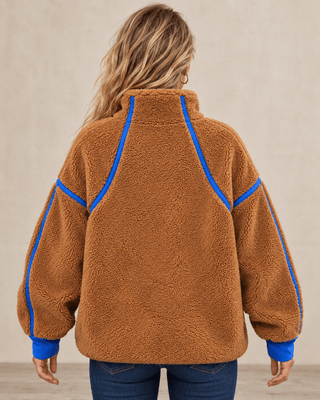 Zip & Chill Fleece Jacket - Camel/Blue | The Salty Babe