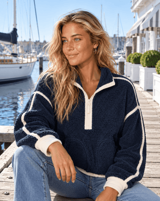 Zip & Chill Fleece Jacket - Navy/Ivory | The Salty Babe